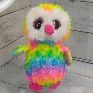 TY Beanie Boo 2017 OWEN Rainbow Owl Plush Small 8"lx6"w Pink Glitter Eyes